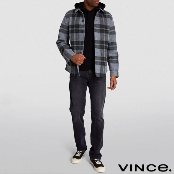 Vince **NWT** Heavy Knit Brushed Flannel Plaid Shirt Jacket in Heather Blue Grey - Picture 7 of 16